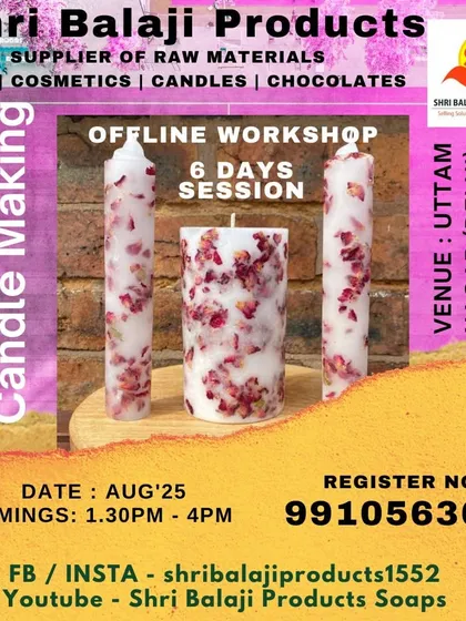 My professional candle making workshop is designed to help you learn and earn. This poster highlights the 6-day session where we cover everything from making to marketing your products.