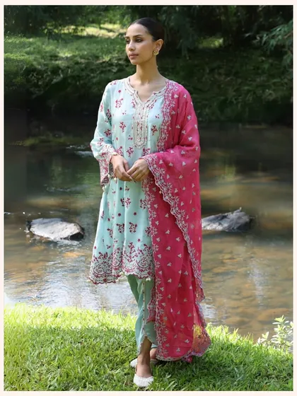 This pastel blue kurta with a vibrant pink dupatta is a dreamy combination. It's one of my favorite festive picks, now on sale for the last 24 hours.
