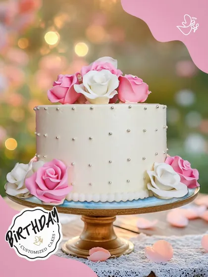 Simple elegance is captured in this beautiful cake, adorned with handcrafted pink and white sugar roses and delicate silver pearls, perfect for a sophisticated birthday or anniversary celebration.