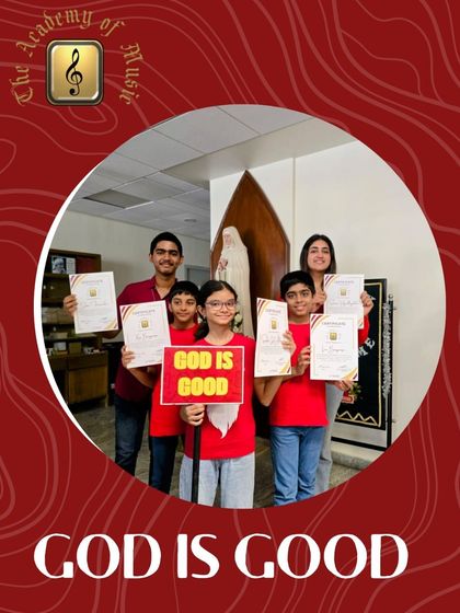 Our students proudly hold their certificates and a "God is Good" sign after performing a heartfelt prayer song. These outreach events are as much about sharing faith and hope as they are about music.