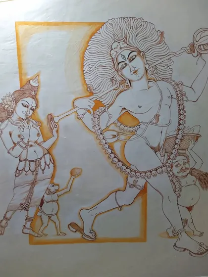 This mural of Bhikshaatanar, a wandering form of Shiva, was painted directly onto a wall in my home. The composition captures his playful yet profound nature as he walks the path of Maya, followed by the monkey-mind offering the fruit of karma. It showcases my ability to create large-scale narrative art for personal spaces.