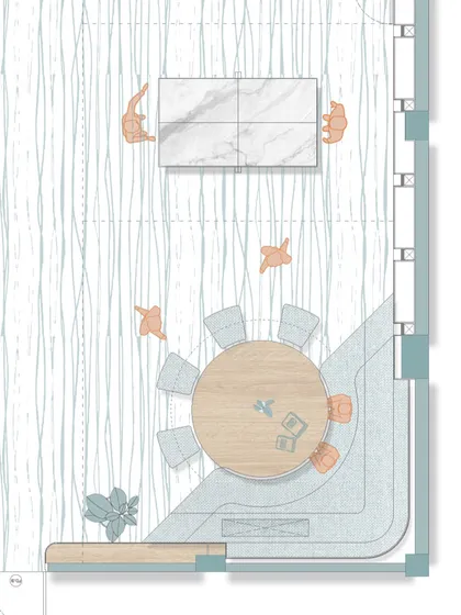 A closer look at the floor plan for the pantry and recreation area, designed to merge seamlessly. This encourages social interaction and provides a space for employees to recharge away from their desks.