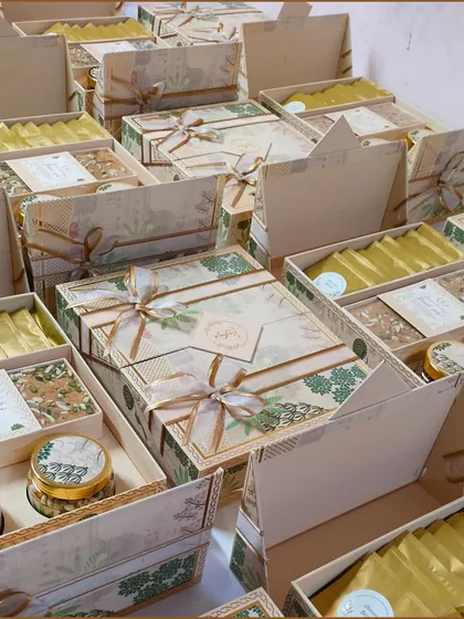 Another view of a bulk order of wedding return gifts, showcasing the consistency and quality of our handcrafted hampers.
