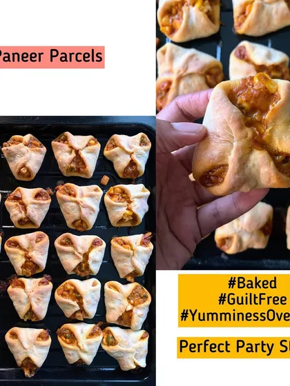 A collage showcasing my baked and guilt-free Paneer Parcels.