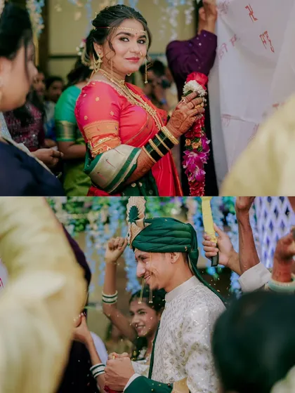 The bride and groom's entrance, a moment filled with anticipation and joy. The candid smiles show the excitement of the ceremony about to begin.