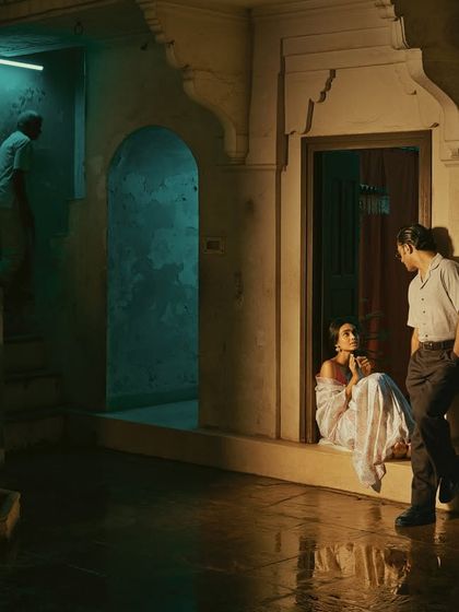 A shared moment of conversation in a doorway for the Tilfi Banaras campaign. The contrast between the traditional sarees and the raw, ancient architecture of the city is a recurring theme in my work.