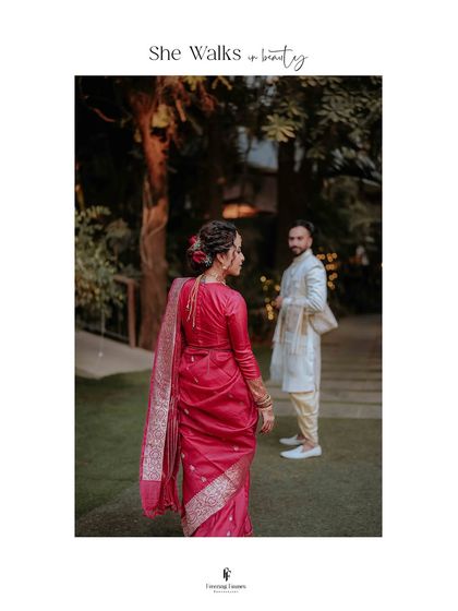 A beautiful portrait titled "She Walks in Beauty," showing the bride from behind as her groom looks on, creating a sense of anticipation and romance.