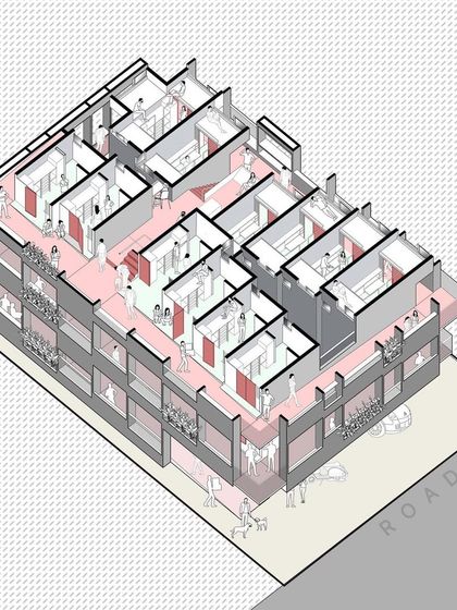 An axonometric drawing of the "Coilspace" student hostel, showing the layout of rooms and the central social corridor on a typical floor.