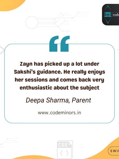 A parent, Deepa Sharma, shares that her son Zayn has learned a lot under my guidance and comes back from sessions very enthusiastic. This is the kind of excitement for learning I strive to inspire in every student.