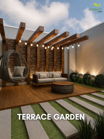 A modern terrace design featuring a hanging swing chair and sofa on a raised wooden deck. The combination of artificial grass with stone pavers creates a clean, geometric look.