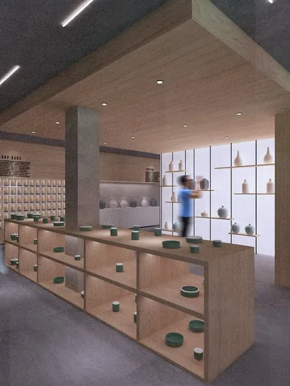 A render of a pottery museum and retail concept. The central display island and surrounding shelves are strategically lit to guide visitors through the collection, turning the simple act of browsing into a curated journey.