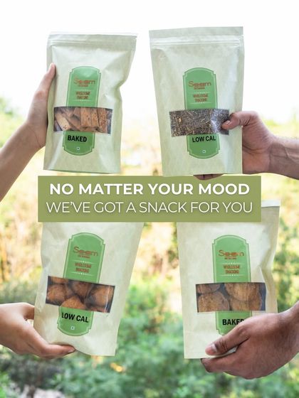 No matter your mood, I've got a snack for you. This image shows four of my wholesome snack pouches, including baked and low-calorie options, perfect for guilt-free cravings.