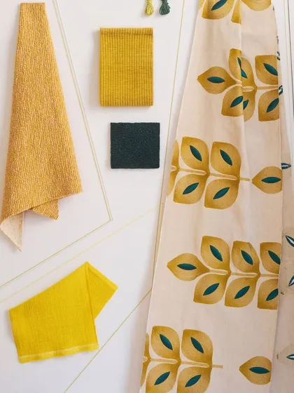 A fabric mood board from the 'I'm Not Afraid' collection by Élitis. The combination of bold patterns, vibrant embroideries, and a fearless palette is perfect for infusing interiors with a dynamic and creative spirit.
