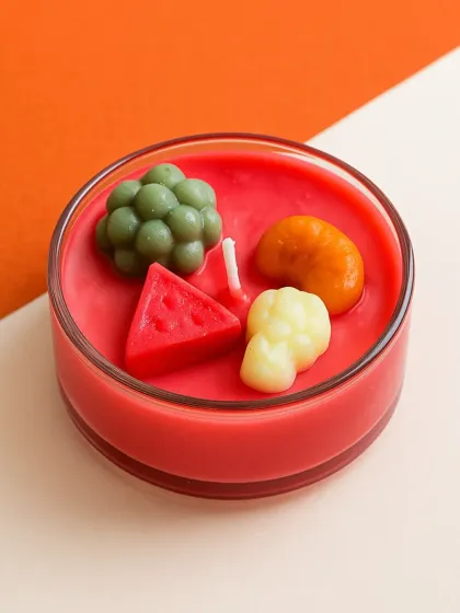 A close-up of one of my Scented Tealight Tartlets. The wax is shaped like tiny fruits, including a watermelon slice and grapes, making it a perfect little treat for your senses.