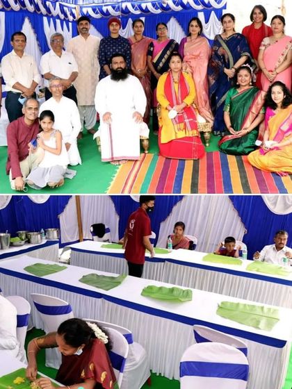A collage from the Bhoomi Puja event, showing group photos with attendees and the traditional meal served on banana leaves. This highlights the community and celebratory aspects of the foundation ceremony.