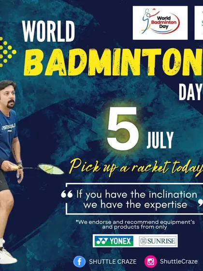 A graphic celebrating World Badminton Day. We encourage everyone to pick up a racket and join the fun, backed by our expertise and partnership with Yonex.