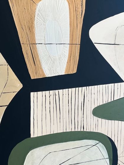 A close-up of a 6ft x 3ft abstract piece for a Mumbai home. It combines geometric shapes, textured lines, and even a section made from a recycled egg carton for a unique 3D effect.