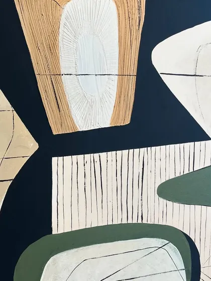 A close-up of a 6ft x 3ft abstract piece for a Mumbai home. It combines geometric shapes, textured lines, and even a section made from a recycled egg carton for a unique 3D effect.
