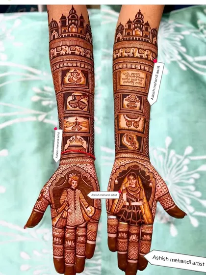 This design combines a classic bride and groom portrait with traditional symbols like the kalash and palace architecture.