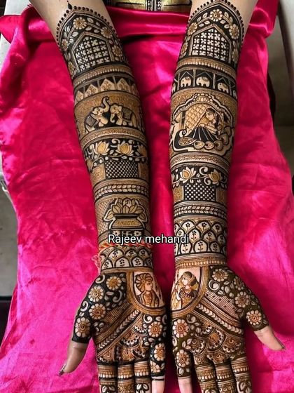 This design is rich with symbolism, featuring portraits, elephant processions, and a bride in her doli, covering the arms from wrist to elbow.