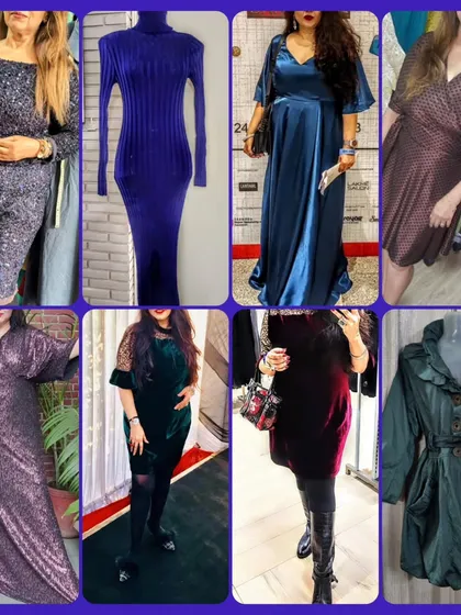 I have you covered for every celebration, from Christmas parties to New Year's Eve. This collage shows a variety of my slimming dresses, gowns, and coats, available in all sizes from UK 0 to 26. Each piece is designed to be reusable, crease-proof, and affordable.