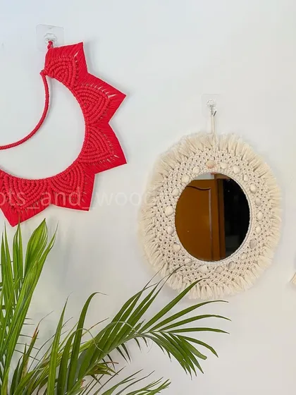 A collection of my smaller, whimsical wall decor. This set includes a bright red crescent moon hanging, a small fringed mirror, and a mini rainbow charm, perfect for creating a happy little gallery wall.