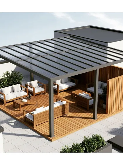 A 3D render of a large, modern pergola with a glass roof, covering a spacious wooden deck. This design is perfect for creating an expansive, light-filled outdoor living and dining area.