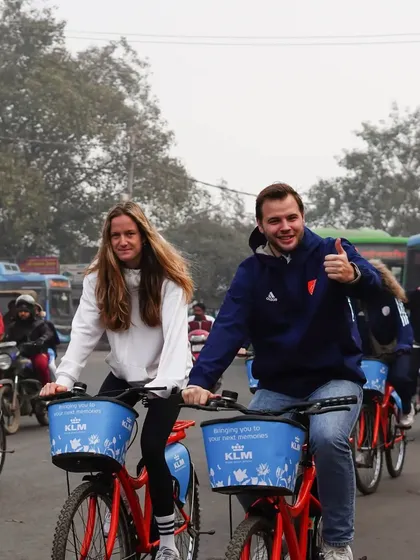 A thumbs-up from a happy rider. We love seeing our guests from around the world enjoying the unique experience of cycling through Delhi's streets.
