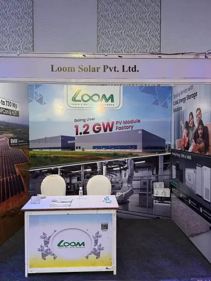 Our booth at the Solar & Storage Confex in Raipur, ready to welcome visitors. The backdrop highlights our manufacturing capabilities and large-scale project expertise.