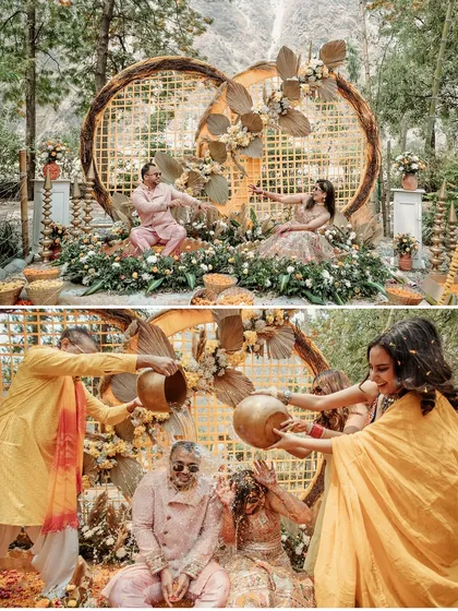 A collage showing the couple at their beautiful Haldi decor setup and then being playfully doused with water.
