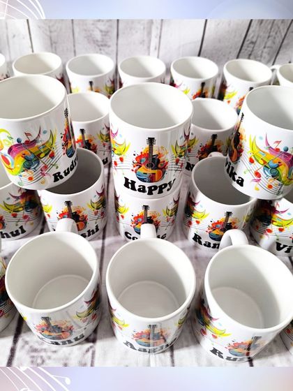 Another view of the music-themed mugs, showing the vibrant, high-quality printing that wraps around the entire mug.