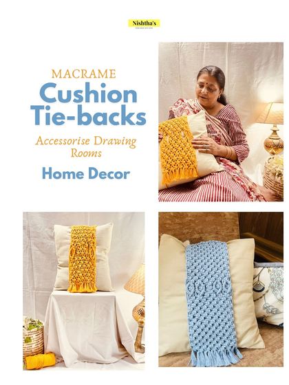 This collage gives you an idea of the different styles and colors available for my macrame cushion tie-backs. Whether you prefer a bright yellow or a calming blue, I can create a piece that accessorizes your drawing room perfectly.