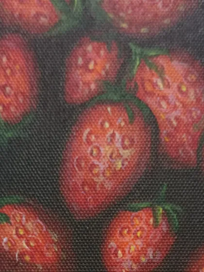 A close-up study of strawberries on a canvas sheet, painted with acrylics. This is an exercise in creating texture and understanding how light and shadow work on small objects.
