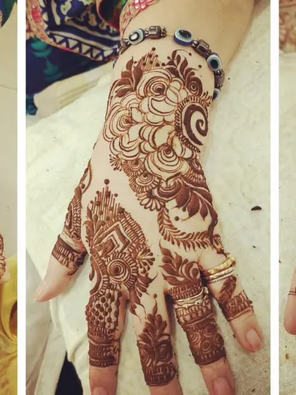 A collage of instant party mehendi designs. These show how even quick, heavy bunches can look incredibly detailed and beautiful, perfect for ensuring all guests get a turn.