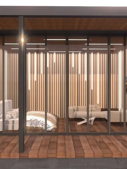 A proposed 3D design for a standalone glass house bedroom on a terrace, featuring a wooden deck and floor-to-ceiling glass walls.