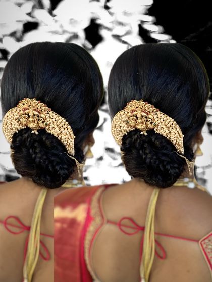 A creative and easy bun hairdo. This style is elevated with a stunning piece of traditional gold hair jewelry, making it perfect for a wedding or festive occasion.