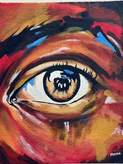 A close-up, expressive eye painted with acrylics. This kind of abstract piece is perfect for adding a pop of color and emotion to a small space.