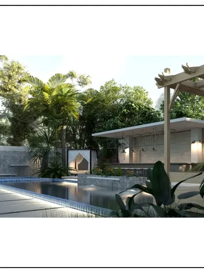 Another view of the luxurious poolside design, highlighting the wooden pergola and the careful integration of stone and plant life to create a sophisticated and natural outdoor environment.