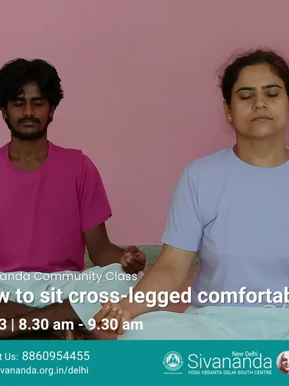 A community class on how to sit cross-legged comfortably. We teach postures that open the hips, making it easier to sit for meditation, as demonstrated by the students in this image.