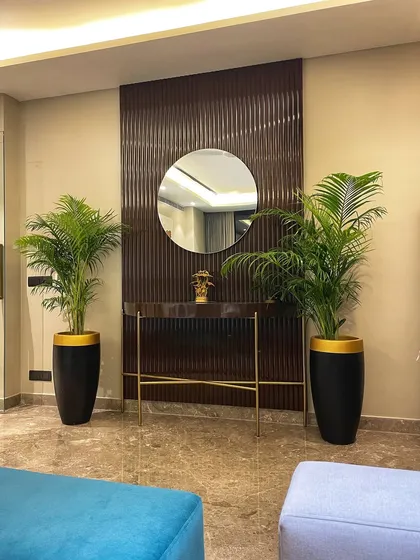 Your entryway is the first impression of your home. We created a grand and symmetrical welcome for this Gurgaon residence using two elegant Areca Palms in custom black and gold planters that perfectly frame the console table.