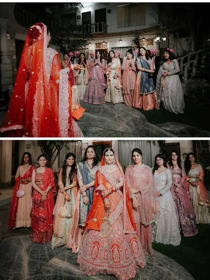 The bride with her bridesmaids. We make sure to capture the important group photos, showcasing the bride surrounded by her closest friends and family.
