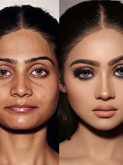 A dramatic transformation perfect for a cocktail night. The intense smokey eyes and perfectly sculpted face create a look that is both bold and beautiful.