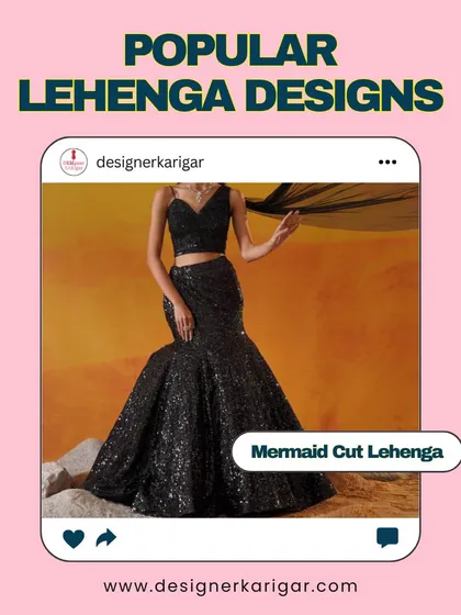 A glamorous mermaid-cut lehenga in black sequins. This design is fitted till the knees and then flares out, creating a stunning, dramatic silhouette for a reception or cocktail event.