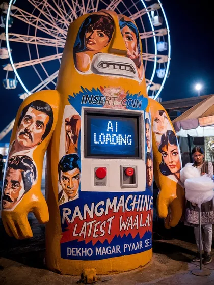 A 'Rangmachine', an open-source AI storytelling machine, seen at a local fair. This series explores how AI might look if it were a piece of folk technology.