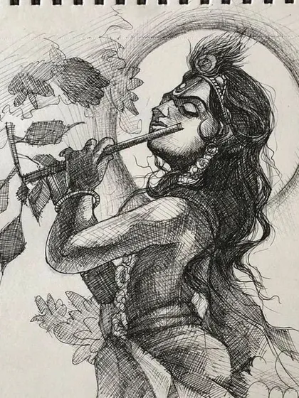 A pen and ink sketch of Lord Krishna playing his flute. The cross-hatching technique used here gives the artwork a classic, engraved look and a sense of deep texture.