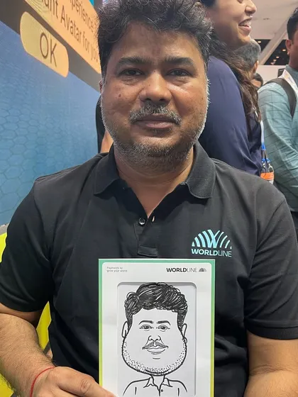 For corporate clients, we offer branded caricatures. At this exhibition for Worldline, each sketch was done on paper with the company logo, making for a perfect piece of marketing memorabilia.