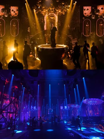 This before-and-after from 'Bejuria' demonstrates how we use color and haze to transform a space. The bottom shows a blue-lit, hazy set, which becomes a warm, golden scene in the final shot.