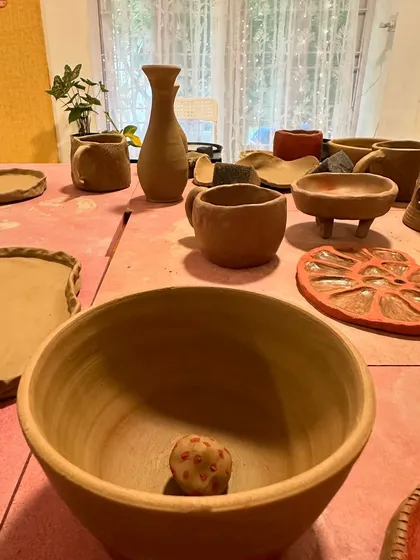 A collection of works-in-progress from our Chennai pottery camp. You can see a variety of forms taking shape, from bowls and vases to more decorative, sculptural pieces.