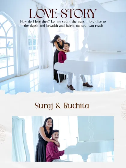 A "Love Story" layout that uses the bright, airy piano room to create a dreamy and romantic setting for the couple's pre-wedding photos.