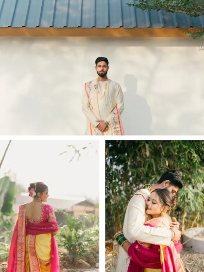 This collage combines a strong solo portrait of the groom with two romantic shots of the couple. The mix of direct sunlight and soft, natural backlighting demonstrates different lighting techniques used in a single shoot.